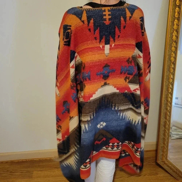 Rhonda Stark Hopi Poncho Wool Blend Native American Blue Orange Red Blanket Wrap - Picture 5 of 7